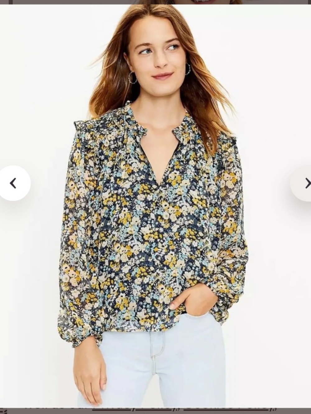 LOFT Navy Floral Ruffle-Trim Long Sleeve Blouse